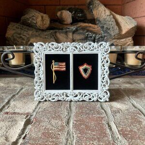 Red, White, & Blue Rhinestones American Flag and Shield Framed Brooches Jewelry